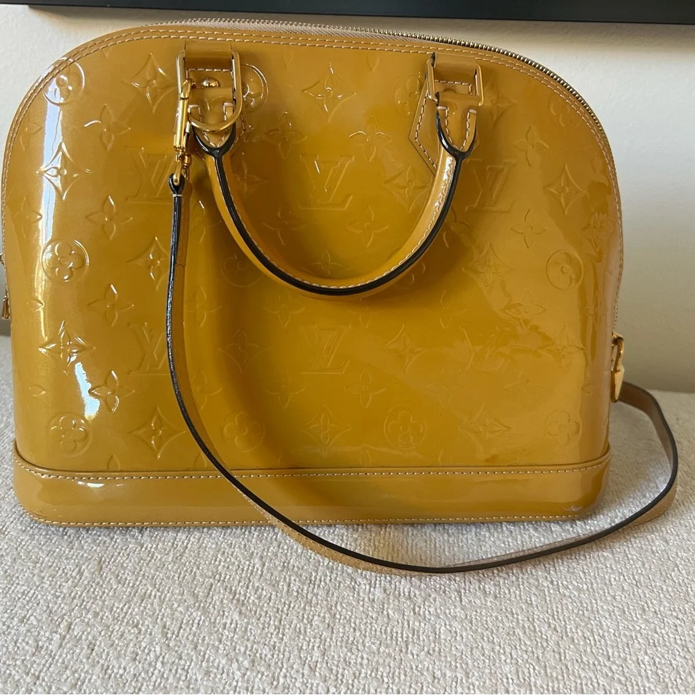 Authentic Louis Vuitton Monogram Vernis Alma Handbag – Mustard/Golden Yellow